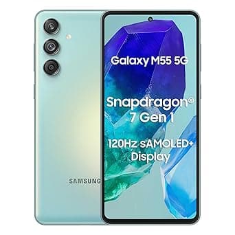 Samsung Galaxy M55 5G (Light Green,8GB RAM,128GB Storage) | 50MP Triple Cam| 5000mAh Battery| Snapdragon 7 Gen 1 | 4 Gen. OS Upgrade & 5 Year Security Update| Super AMOLED+ Display| Without Charger